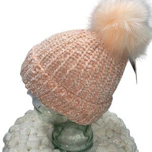 Peach Fuzz Knit Chenille Fold-over Beanie with Faux Fur Pom Pom